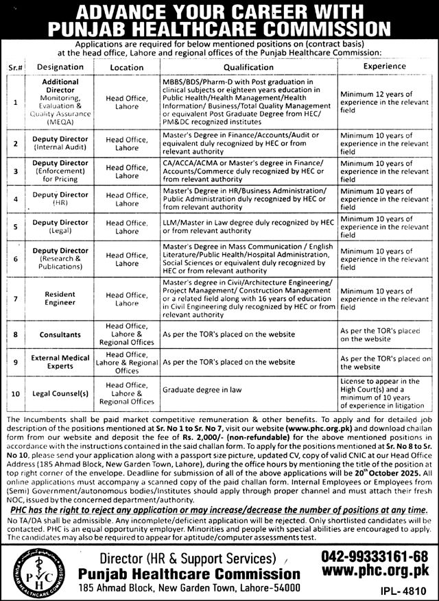 Jobs in Punjab Healthcare Commission Lahore